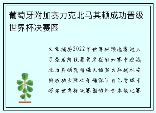 葡萄牙附加赛力克北马其顿成功晋级世界杯决赛圈